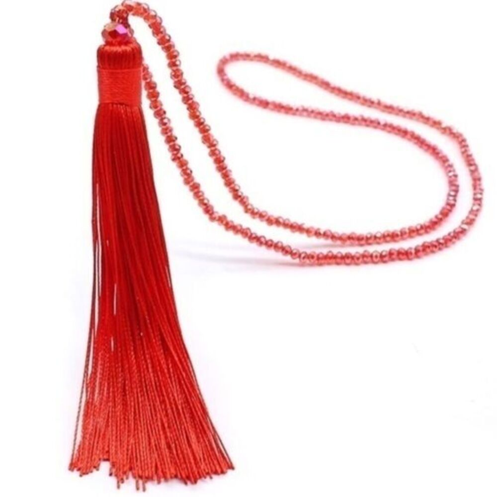 Sparkly red beaded tassel necklace